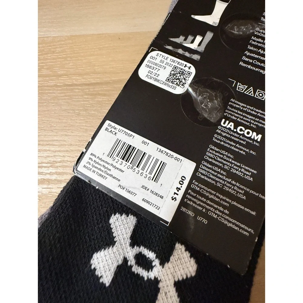 Under Armour Socks Black Crew Polyester Mid Cushion Womens 10-14, Men's 8.5-13